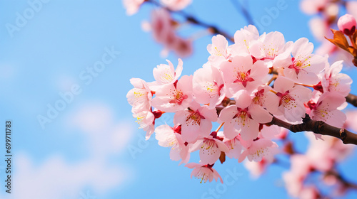 Beautiful cherry blossom tree branch with blooming flowers - ai generative