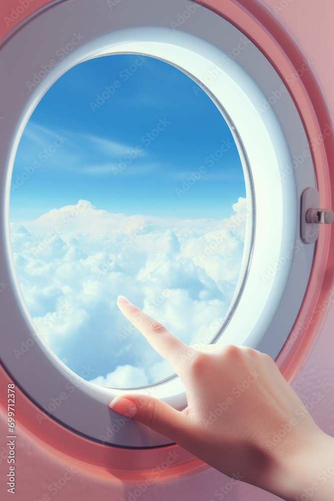 Fototapeta premium A hand is pointing at the sky through a window