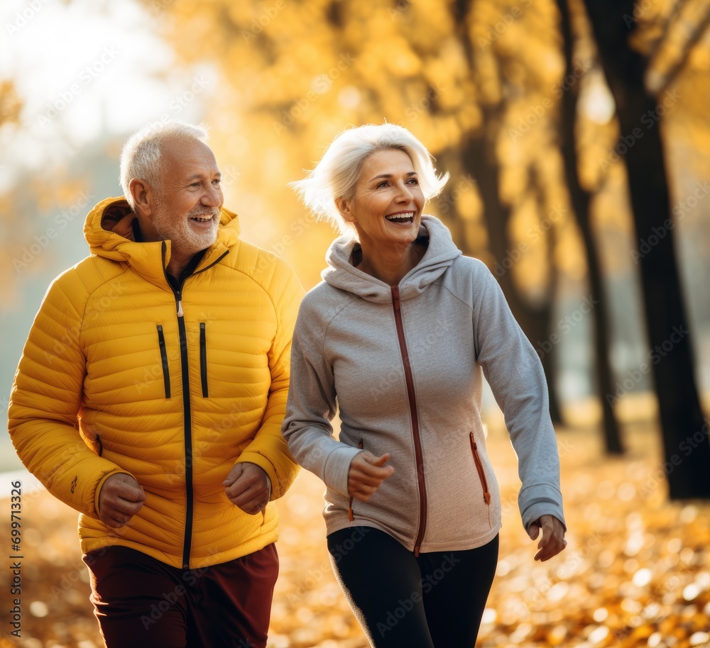 An older couple jogging through a park in the fall
