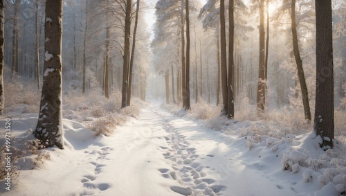 A snowy forest path, with footprints leading into the distance. Generative AI © Zohaib