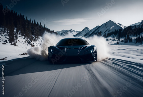 High-speed supercar gliding through a snowy landscape. Black racing sport car speeding across a wintry terrain