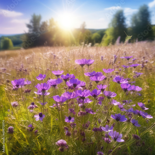 Purple wildflowers in summer meadow with sunbeams