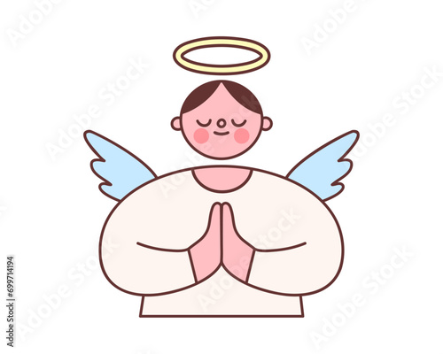 Angel character with wings and halo. Vector illustration of a virtuous saint praying in trendy cartoon style. Isolated elements on white background.