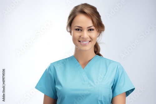 A woman in a blue scrub suit smiling at the camera © pham