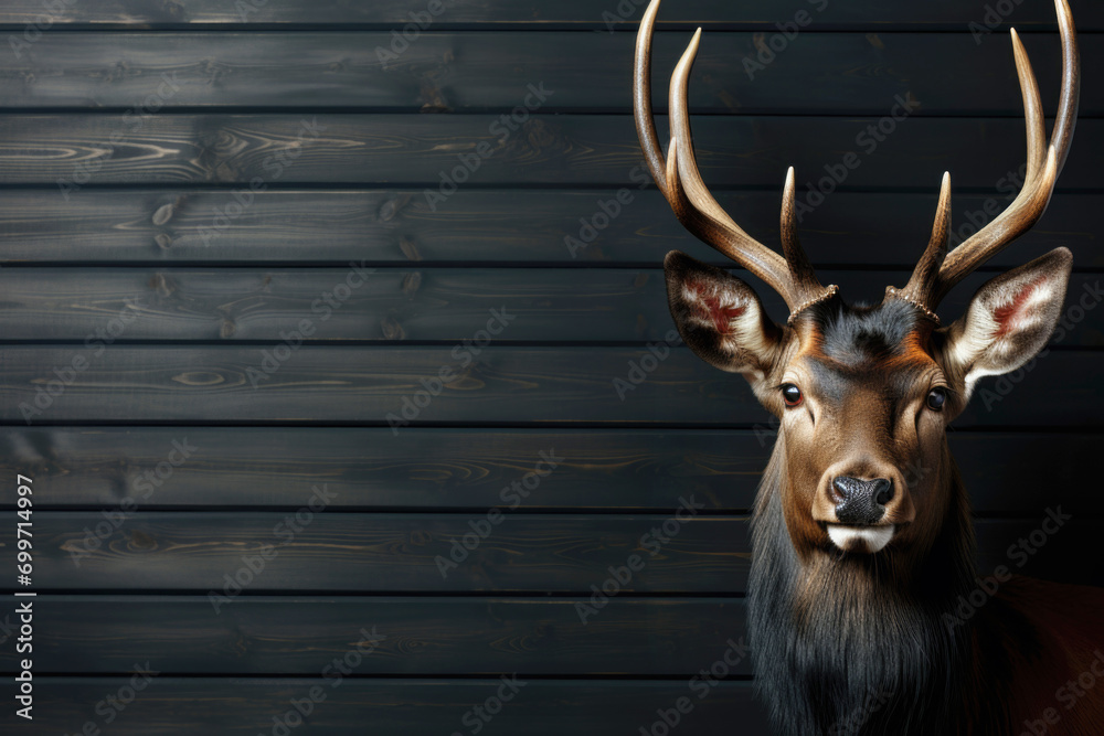 stuffed deer head on a dark wooden wall - obrazy, fototapety, plakaty 