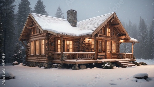 A quaint wooden cabin in the midst of a heavy snowfall. Generative AI