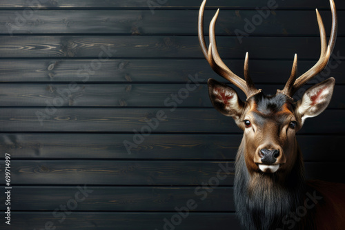 stuffed deer head on a dark wooden wall photo