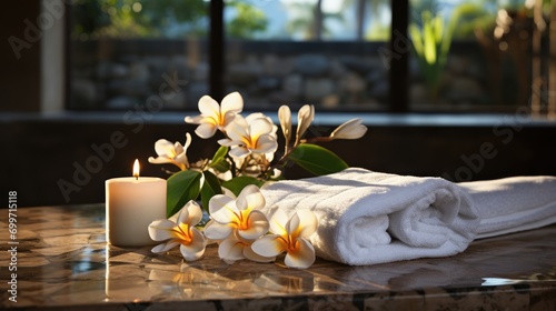 Spa and wellness setting with frangipani flower and towels.