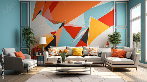 3D rendering Living Room Concept: A Stylish and Inviting Space for Modern Living Room with colorful and abstract mural wall, Contemporary Design Elements, and interior design idea for decorate