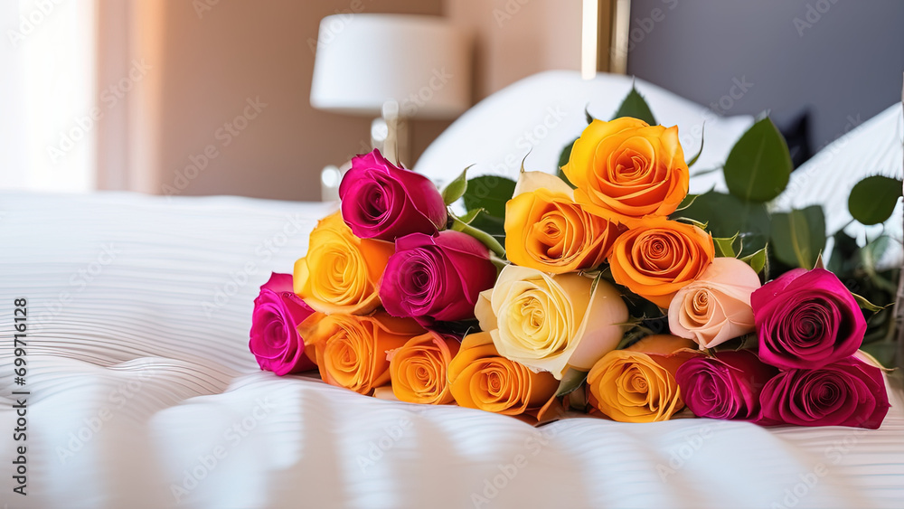 Fototapeta premium Bouquet of roses on the bed