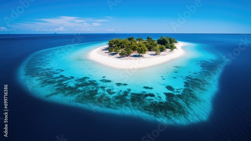 An island in the middle of the sea, surrounded by blue water and white sand, deep color, colorism, 64K, hyper quality
