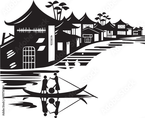 Vintage Townscape River Black Vector Emblem Riverfront Reverie Vintage Town Mark