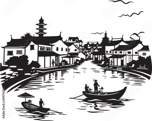 Riverside Idyll Vintage Town Design Riverfront Reverie Black Vector Symbol