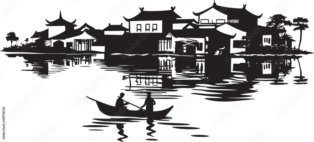 Naklejka premium Riverside Tapestry Vintage Black Vector Design Riverside Reflections Town Black Vector Symbol