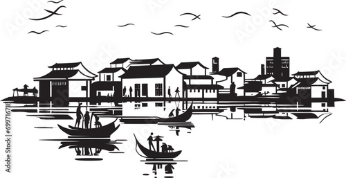 Vintage Riverside Reverie Town Black Vector Symbol Serene Riverbank Views Black Vector Logo