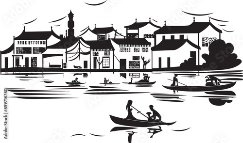 Riverside Reverie Vintage Town Icon Vintage Waterside Melodies Black Vector Logo