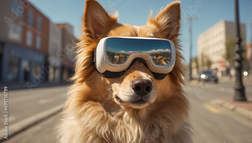 Cute dog wearing virtual reality glasses on the street modern