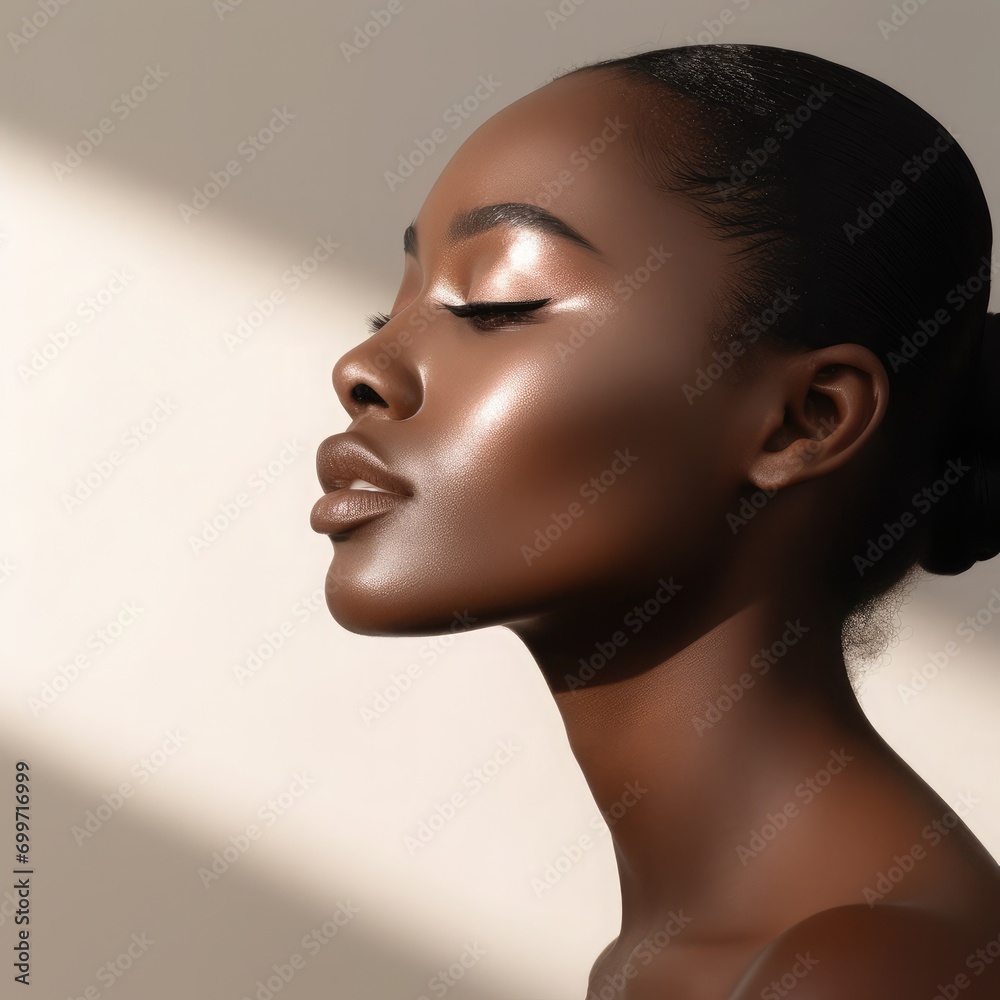 Beautiful dark skin fashion model dressed light tones, profile portrait, lips - closed, studio lighting, photorealistic, minimalist style, light background 