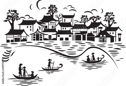 Vintage Riverbank Panorama Black Vector Logo Riverside Reverie Black Vector Icon