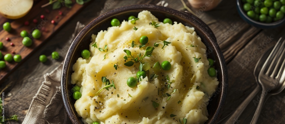 Bowl of mashed potatoes with green peas on table Bowl of mashed potatoes with green peas on table