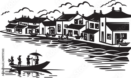 Retro Riverfront Reverie Black Vector Logo Riverfront Nostalgia Vintage Black Vector Design