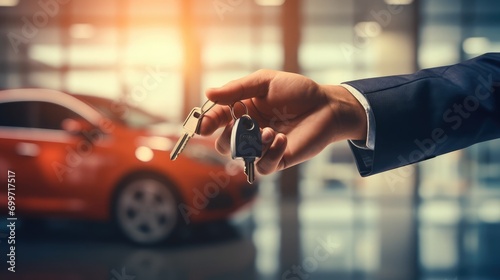 Car salesman giving key to new owner or customer over car dealership background loan, auto business, car sale, transportation, people and ownership concept,  photo