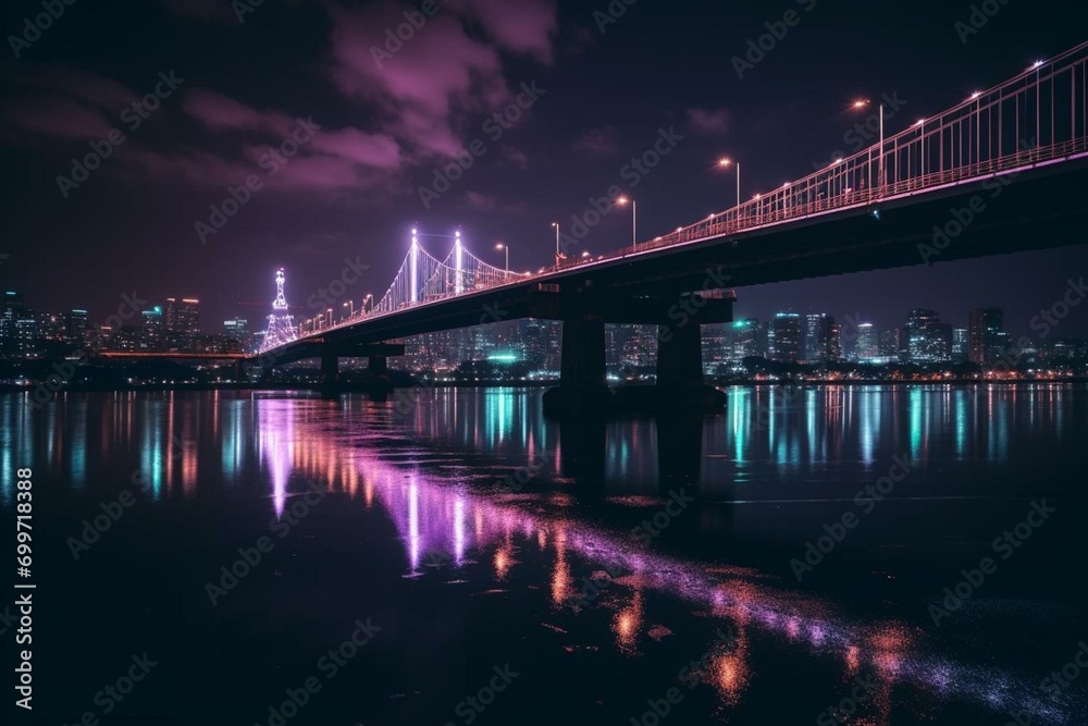 a bridge that is over water with a city in the background at night time with lights on it and a bright purple sky above it. generative ai