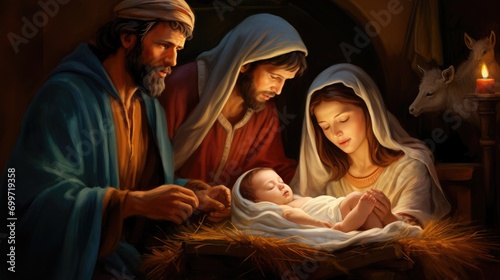 Holy family with baby jesus in the crib in style of raffael baroque painting, christnight photo