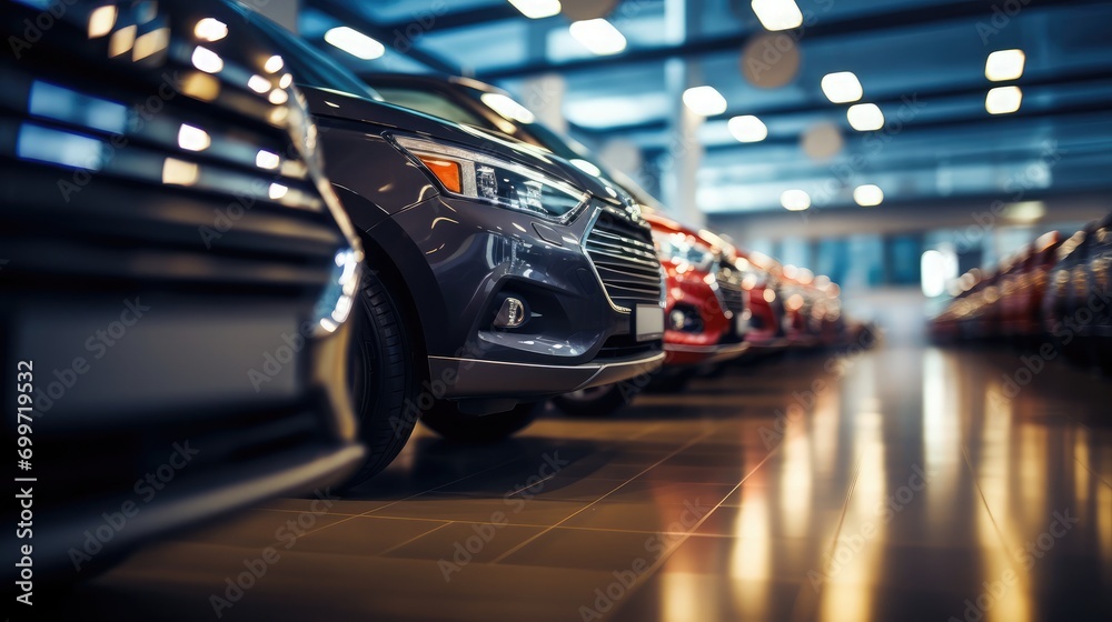 In the car showroom, all kinds of new cars are arranged neatly, Extreme closeup, long exposure, new objectivity, 16k, hyper quality