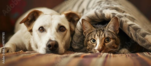 Curious pets, a white dog and tabby cat peering into tube. Cat hides from dog. photo