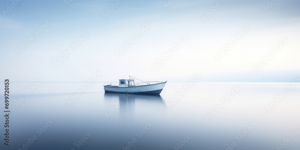 On the vast sea, there is a lonely boat floating, Neutral Density Filters, high speed continuous shooting, abstract expressionism, 64K, hyper quality 