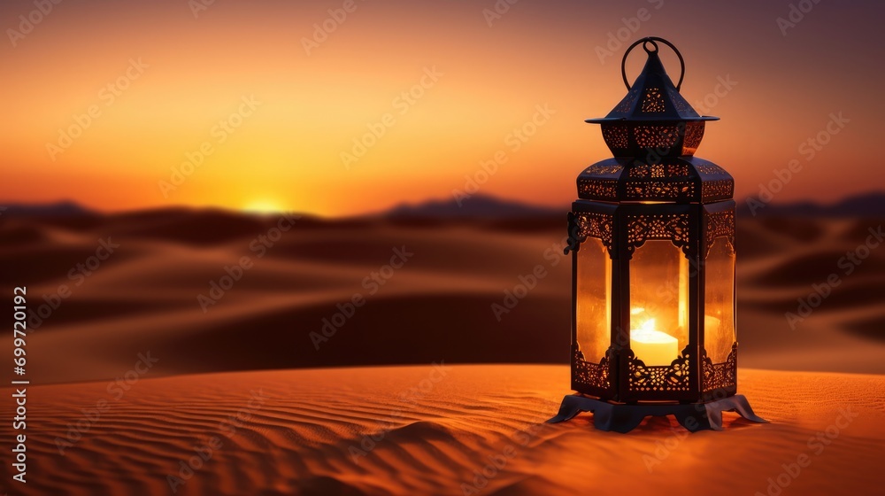 Oriental lamp in sand at ramadan night, desert landscape with bright sunset background, Oriental lamp in sand at ramadan night, desert landscape with bright sunset background,