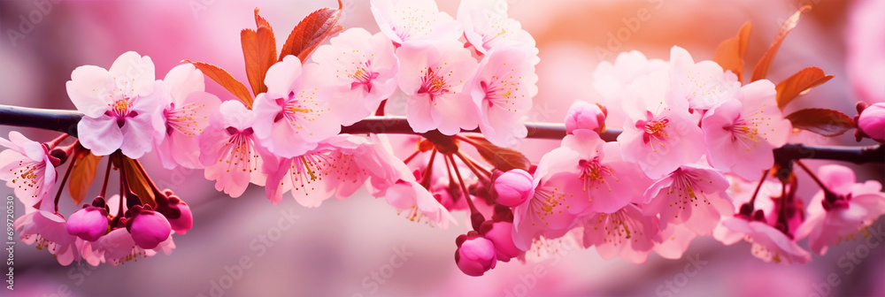 Close up cherry blossom tree branch photo with pink flowers - ai generative