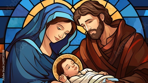 Picture of mary, joseph and baby jesus in art style  photo