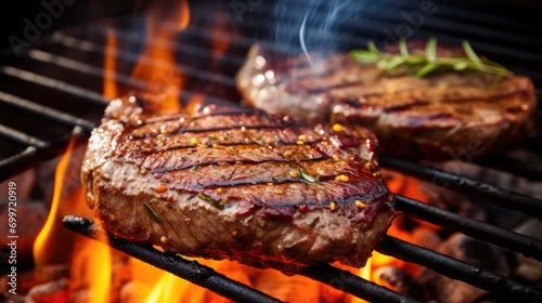 Sizzling steak on a summer backyard barbecue. 