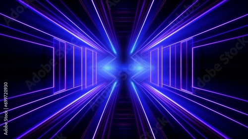 Abstract background, hyper jump. Grids neon glow light lines design on perspective floor, 3d technology abstract neon light background. Abstract flight in retro neon hyper warp space in the tunnel.