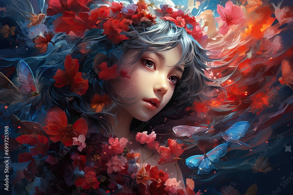 Artistic illustration. Girl in flowers. Generation Ai