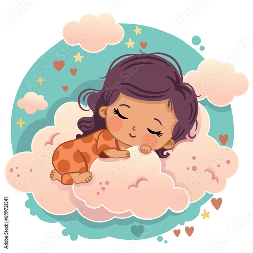 Vector illustration of a little girl sleeping on the clouds.