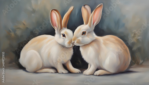 white rabbit in the garden with oil painting