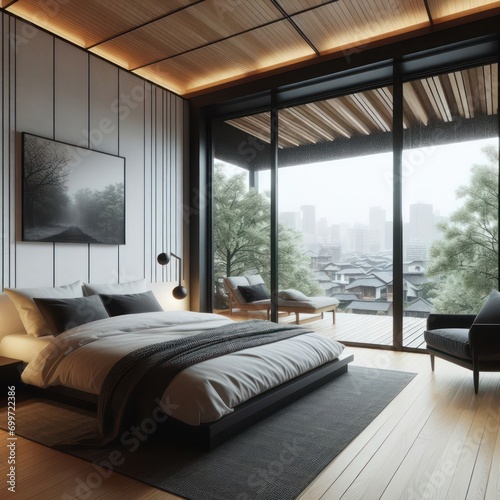 Japandi-style bedroom, minimalist, comfortable bed, reading armchair
