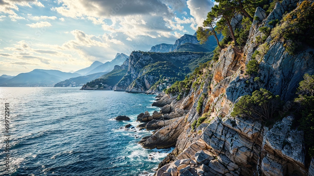 bord de mer rocheuse de la côte méditerranéenne par beau temps  - obrazy, fototapety, plakaty 