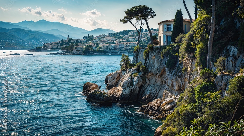 bord de mer rocheuse de la côte méditerranéenne par beau temps  - obrazy, fototapety, plakaty 