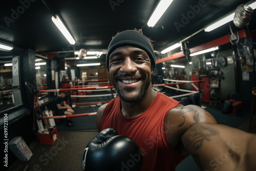 African American muscled man, male kickboxer in sportsweartakes selfie while doing training workout at gym, boxer looks happy and motivated. Active life, boxing, sport training concept