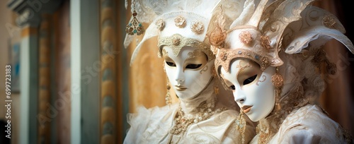  venice carnival couple at Masquerade ball at Venice with ornate masks and luxury costumes, horizontal banner, copy space for text © XC Stock