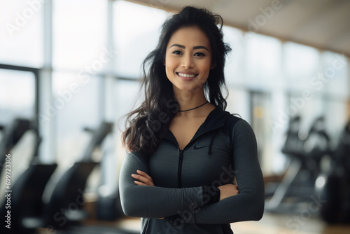 Fitness, exercise fitness gym selfie portrait of woman happy about workout, training motivation, body wellness. Asian sports female athlete smile for blog inspiration and progress post