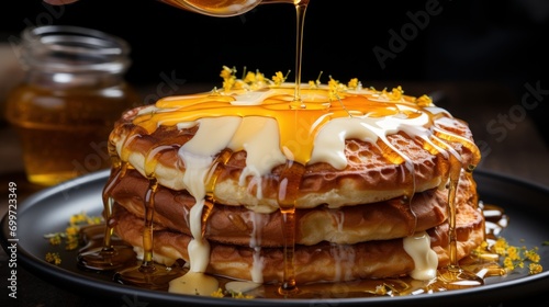 A chef's hand drizzling honey over a stack of fluffy pancakes.