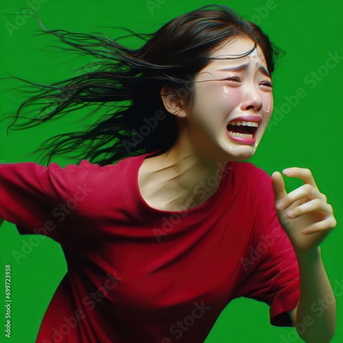 Korean girl running, crying and scared, red shirt 