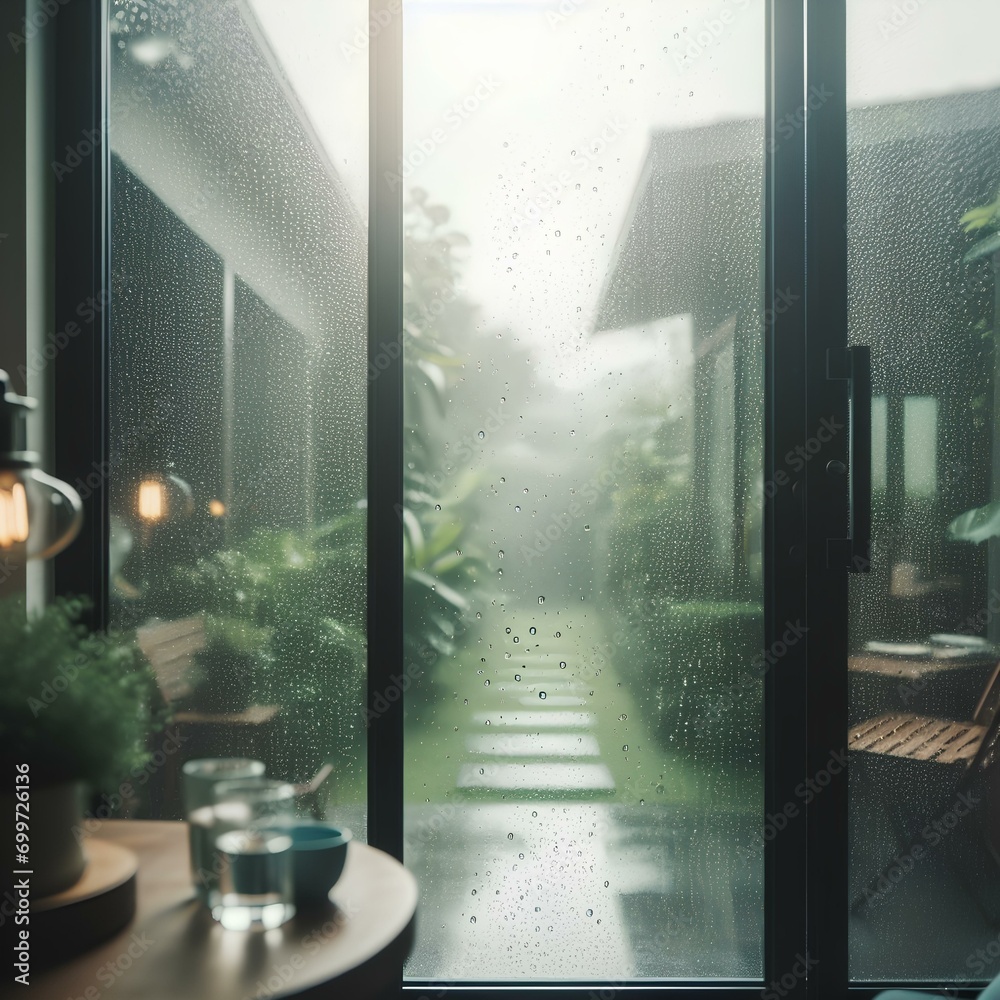 interior of a hotel room. Window with condensation water drops. Photo macro blur tropical climate. - obrazy, fototapety, plakaty 