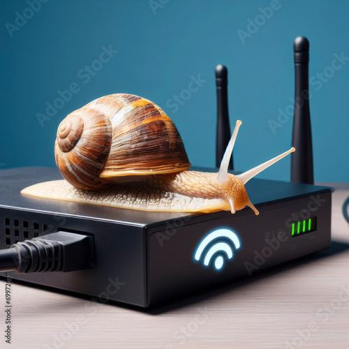 A a snail on wifi router on solid background, concept bad internet. ai generative photo
