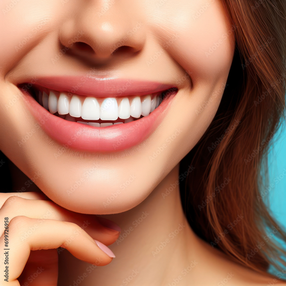 A womans teeth with a smile on her face closeup on solid blue bright background. ai generative A womans teeth with a smile on her face closeup on solid blue bright background. ai generative